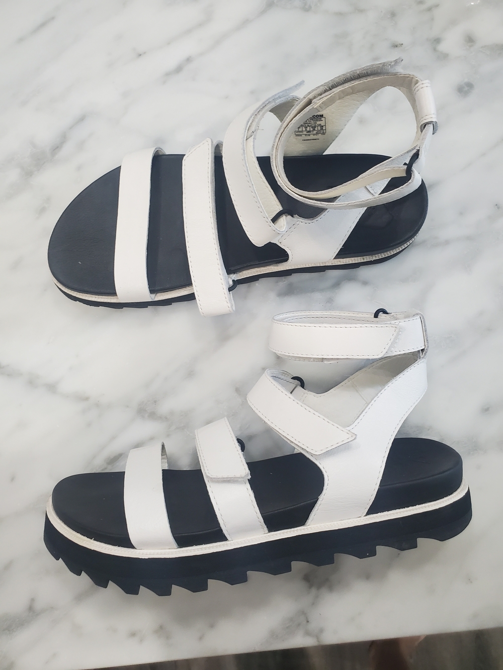 Sorel White Strappy Sandals with Chunky Black Sole